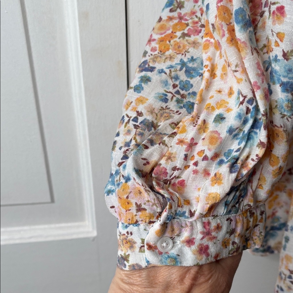 a.n.a Floral V-Neck Blouse - Cream with Blue & Mustard - Picture 5 of 9